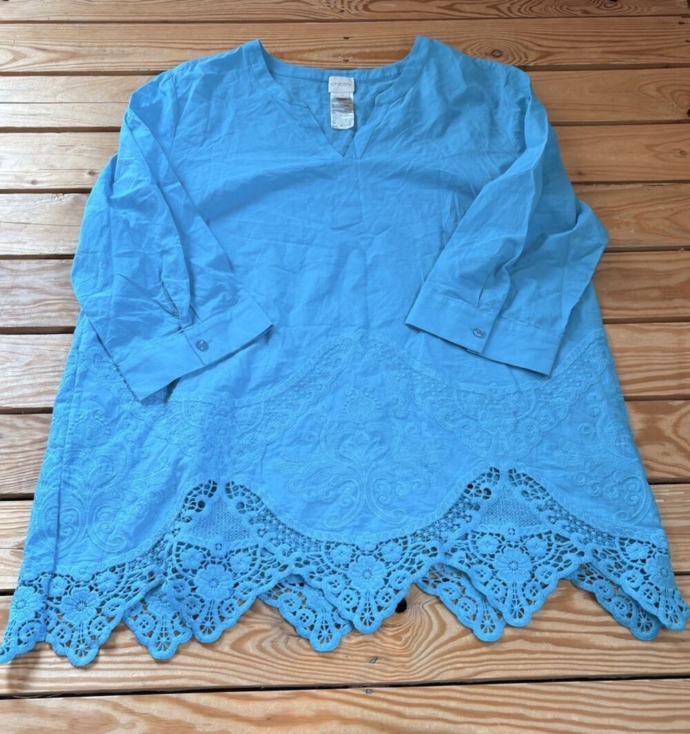 Chicos Women’s Lace Hem 1/2 Sleeve 100% Cotton Top Size 3 Blue M3
